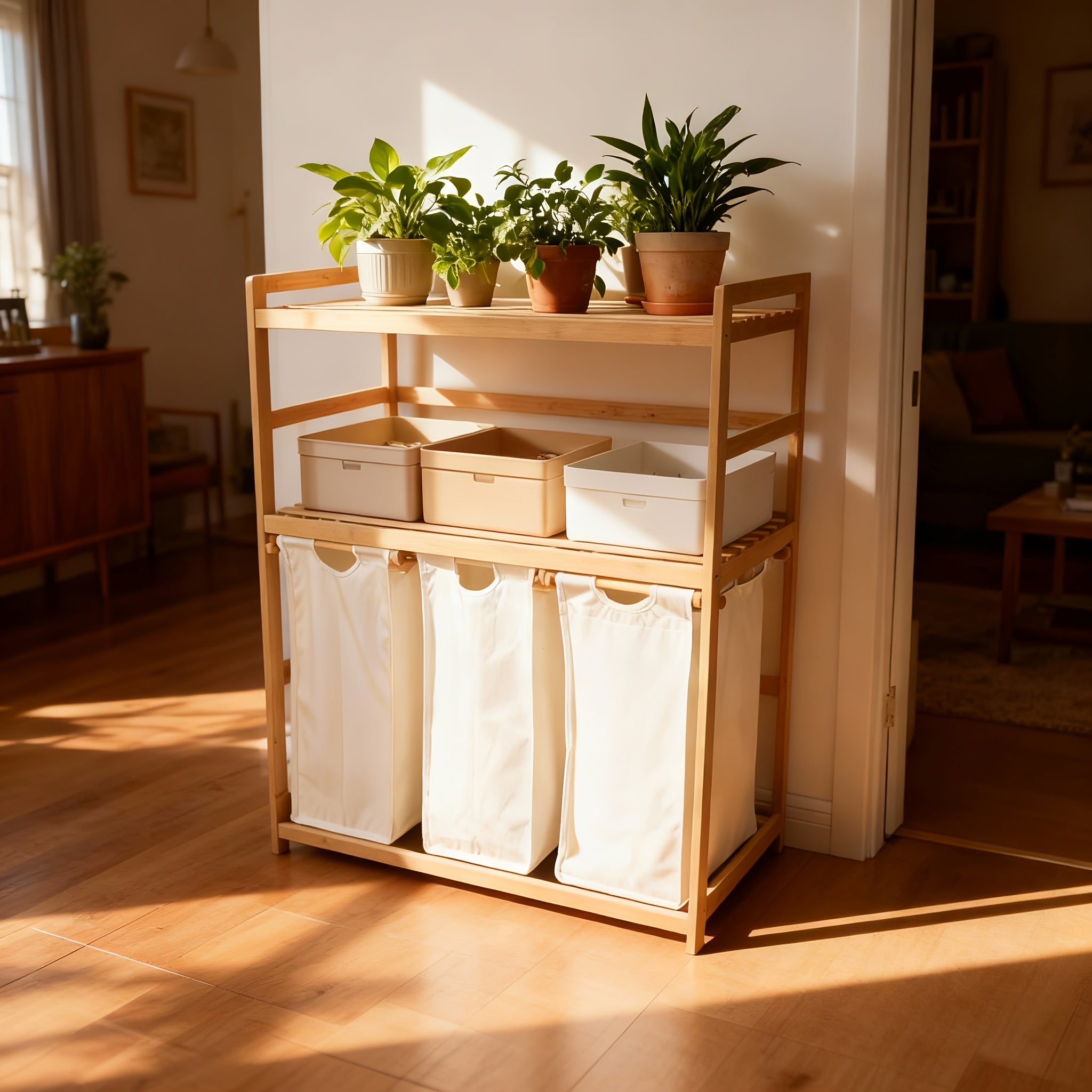 Laundry Baskets, 2 Shelves, Extendable Laundry Bags, Bamboo Laundry Boxes, Laundry Baskets, And Bamboo Laundry Sorting, Shelf Baskets