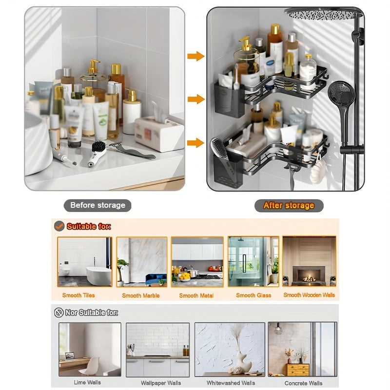 5 Sets Carbon Steel Corner Shower Rack Multifunctional Space Saving Storage Rack With Toothpaste And Razor Holder No Drilling Required Bathroom Storage Rack