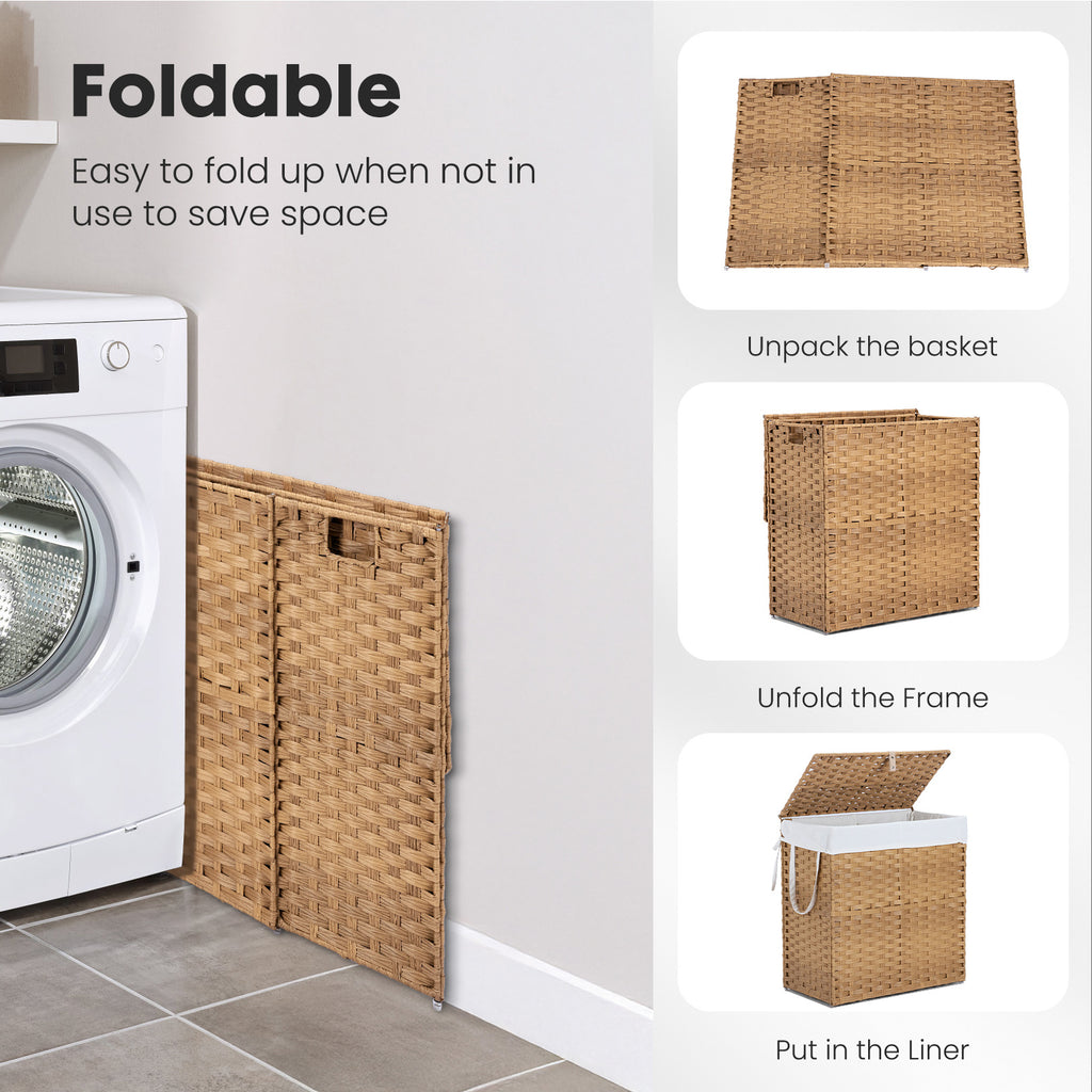 MCQ Sturdy & Stylish Laundry Hamper – Large Capacity Collapsible Rattan Storage Box with Lid Handles and Removable Liner, Sturdy Portable Woven BasketFoldable, Breathable for Home & Dorm
