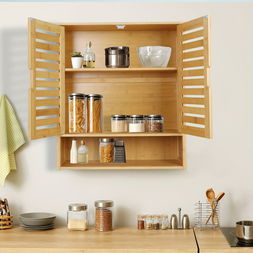 Wall Cabinet Storage: Multifunctional Bamboo Wood Bathroom Kitchen Wall Cabinet with 3 Shelves Medicine Storage Organizer