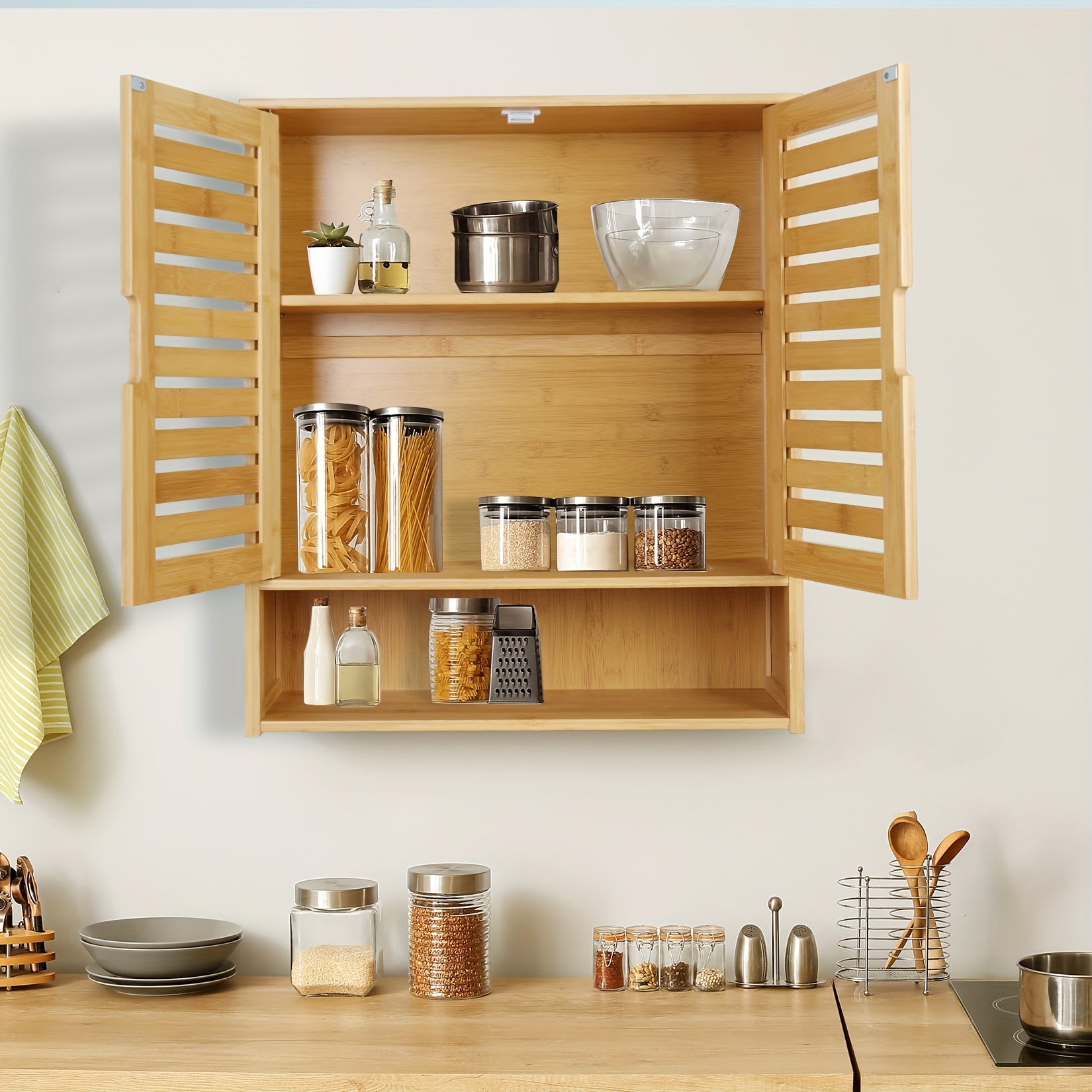 Wall Cabinet Storage: Multifunctional Bamboo Wood Bathroom Kitchen Wall Cabinet with 3 Shelves Medicine Storage Organizer