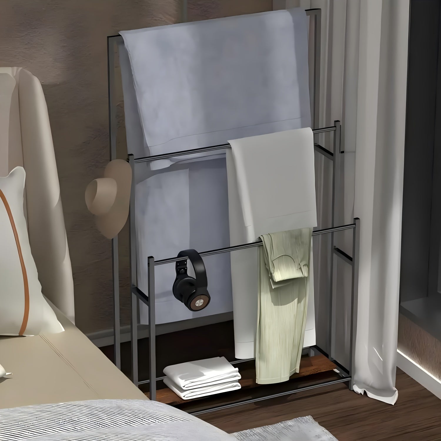 Freestanding Metal Bathtub Towel Rack With Hanging Rod, 3 Tier Towel Storage Rack For, Space Saving Bathroom Organizer, Portable Outdoor Pool Towel Rack, Casual Style, No Power Required, Ground Mounted, For Gym, Bathtub Storage, Blanket Rack