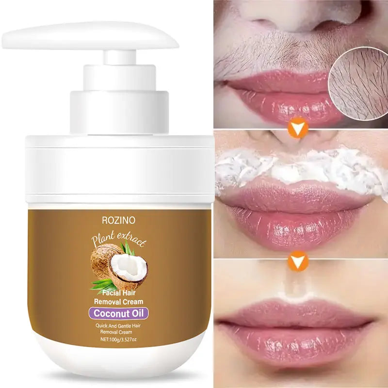 ROZINO Coconut Oil Hair Removal Cream | Gentle & Painless Depilatory for Face, Lips, Arms & Legs | 100g