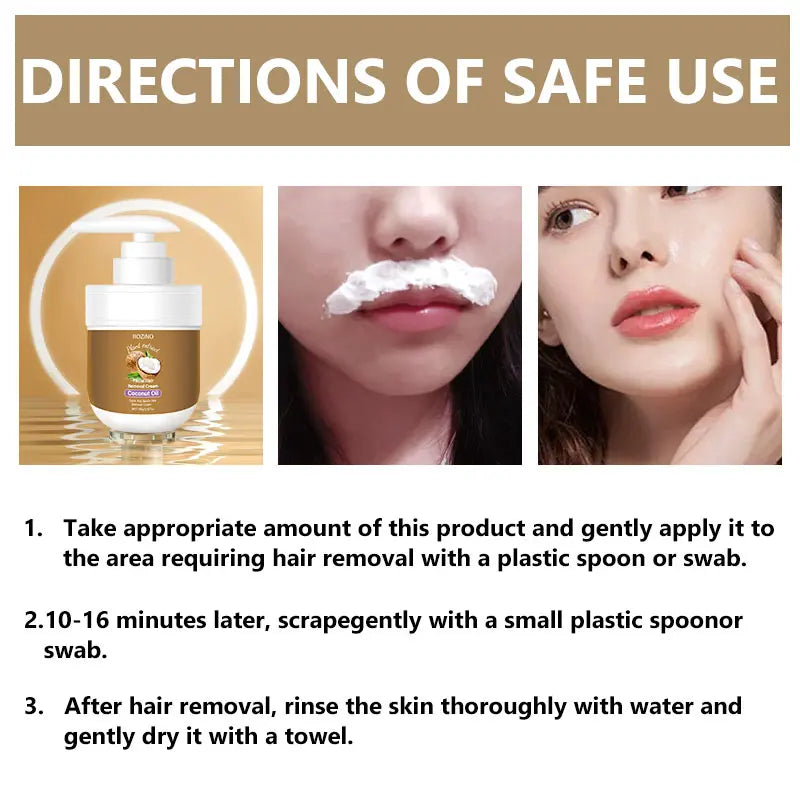 ROZINO Coconut Oil Hair Removal Cream | Gentle & Painless Depilatory for Face, Lips, Arms & Legs | 100g