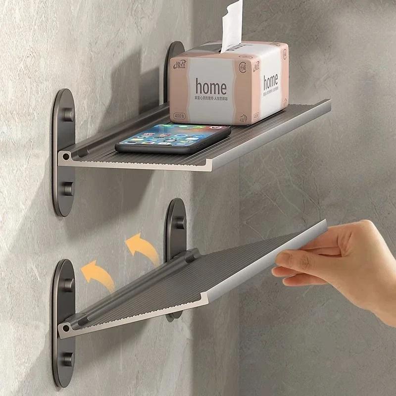 Foldable Punch-Free Wall-Mounted Bathroom Shelf - No Drill Installation Storage Rack with Shelves, Space-Saving Foldable Shelving Unit Suitable for Bathroom, Wash Basin & Cosmetics Organization