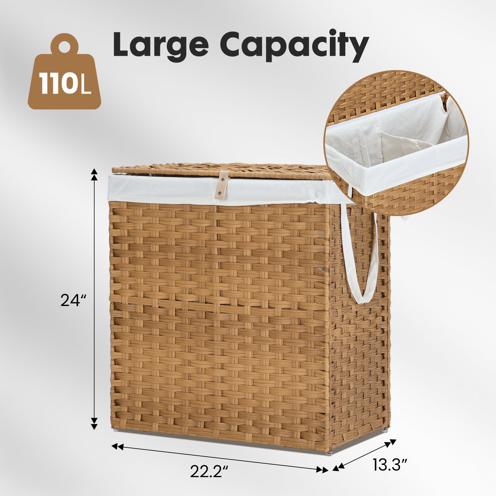 MCQ Sturdy & Stylish Laundry Hamper – Large Capacity Collapsible Rattan Storage Box with Lid Handles and Removable Liner, Sturdy Portable Woven BasketFoldable, Breathable for Home & Dorm