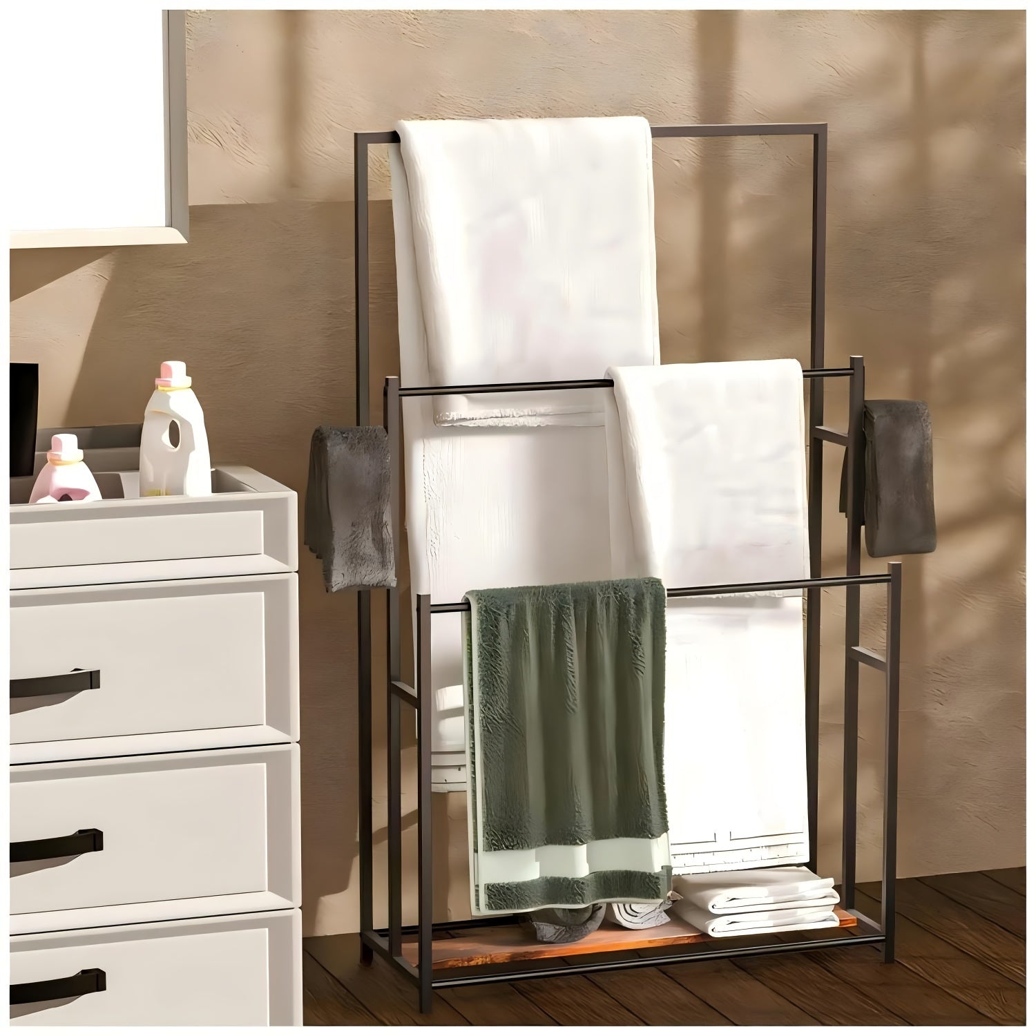 Freestanding Metal Bathtub Towel Rack With Hanging Rod, 3 Tier Towel Storage Rack For, Space Saving Bathroom Organizer, Portable Outdoor Pool Towel Rack, Casual Style, No Power Required, Ground Mounted, For Gym, Bathtub Storage, Blanket Rack