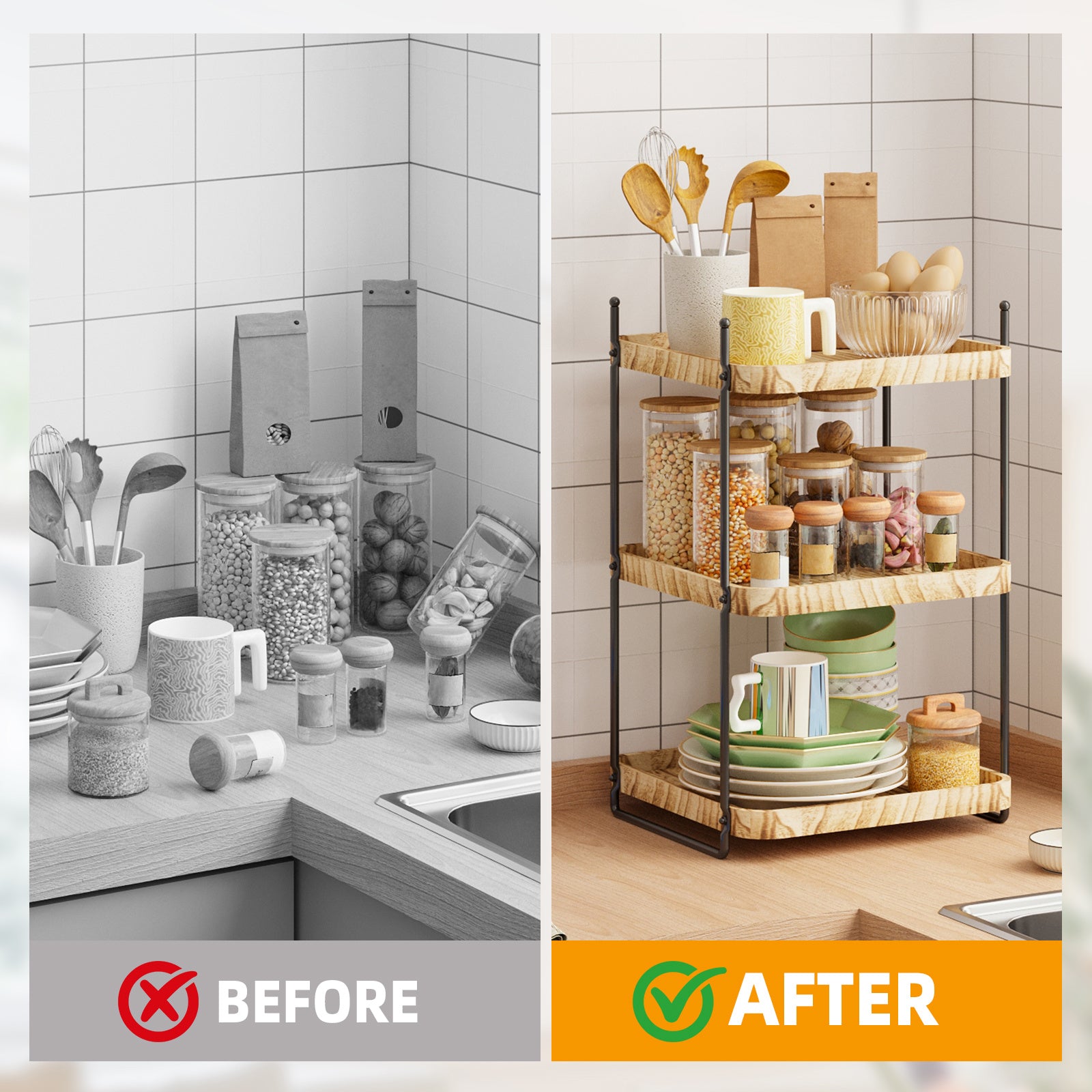 WHONLINE Bathroom Organizer Countertop, Counter Organizer for Bathroom Decor, Wooden Sink Shelf for Vanity Storage, Makeup Tray for Perfume Skincare Bedroom Kitchen Corner (2 Tier, 3 Tier)