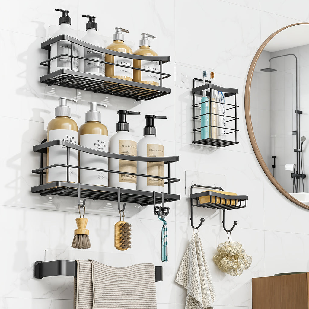 5\u002F6pcs Multifunctional Stainless Steel Punch-Free Bathroom Shelf, Soap Toothbrush Bathroom Supplies Storage Rack, Bathroom Towel Rack, Wall-Mounted Kitchen Seasoning Rack, with Four Hook Design, Bathroom Additions, Shower Storage Additions