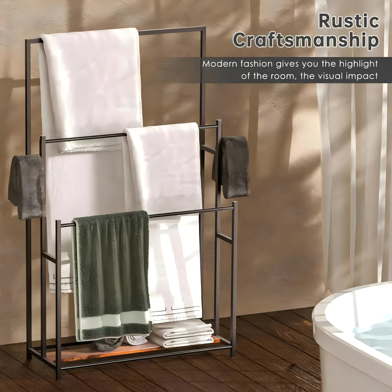 Freestanding Metal Bathtub Towel Rack With Hanging Rod, 3 Tier Towel Storage Rack For, Space Saving Bathroom Organizer, Portable Outdoor Pool Towel Rack, Casual Style, No Power Required, Ground Mounted, For Gym, Bathtub Storage, Blanket Rack