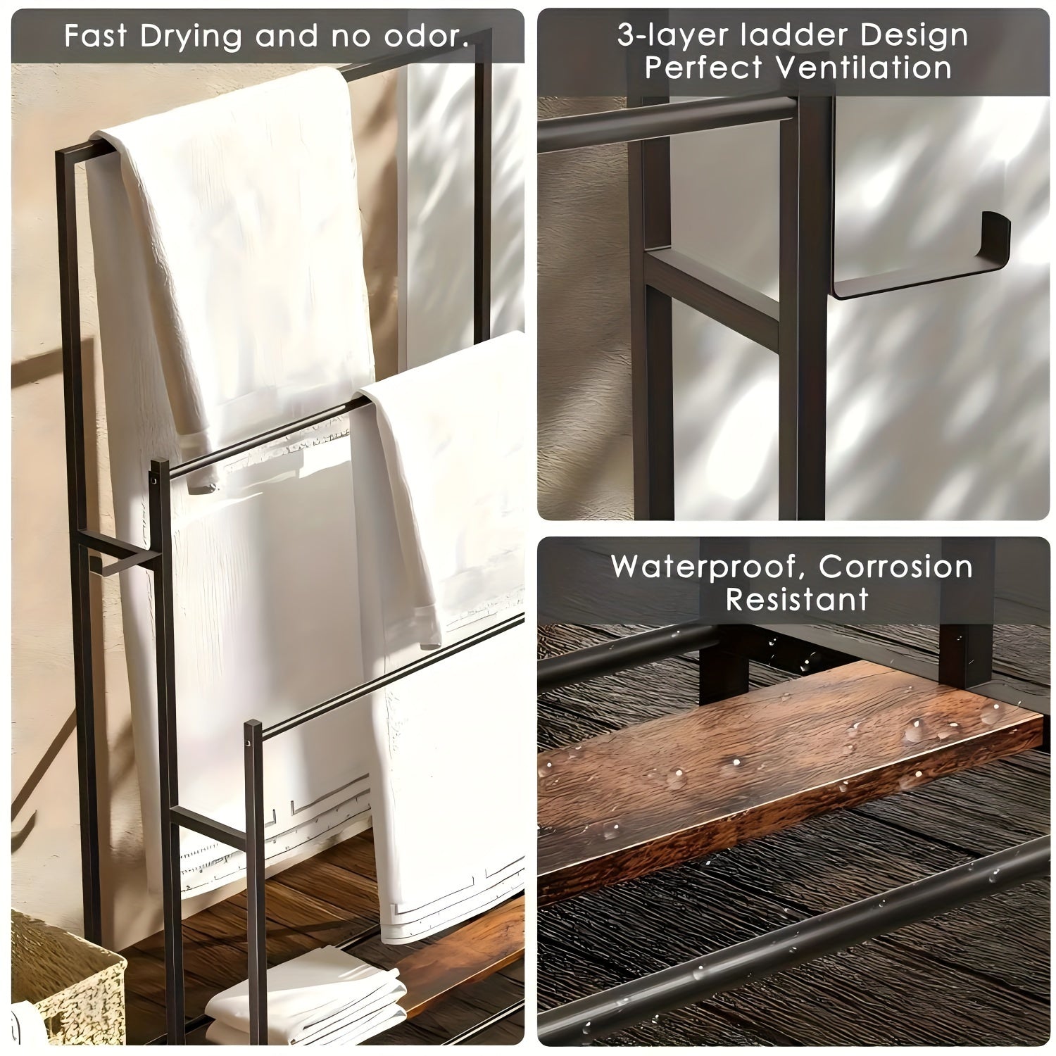 Freestanding Metal Bathtub Towel Rack With Hanging Rod, 3 Tier Towel Storage Rack For, Space Saving Bathroom Organizer, Portable Outdoor Pool Towel Rack, Casual Style, No Power Required, Ground Mounted, For Gym, Bathtub Storage, Blanket Rack