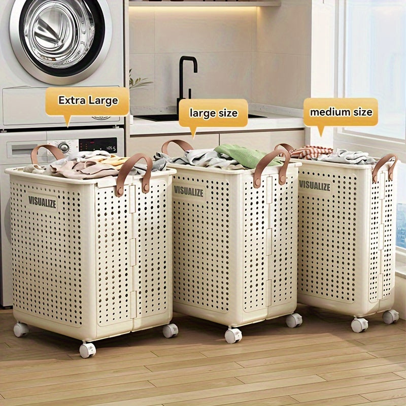 Large Collapsible Laundry Basket with Wheels, Faux Leather Hamper Without a Lid, Washable Storage Solution for Bathroom Or Bedroom (Available in Various Sizes), Laundry Baskets
