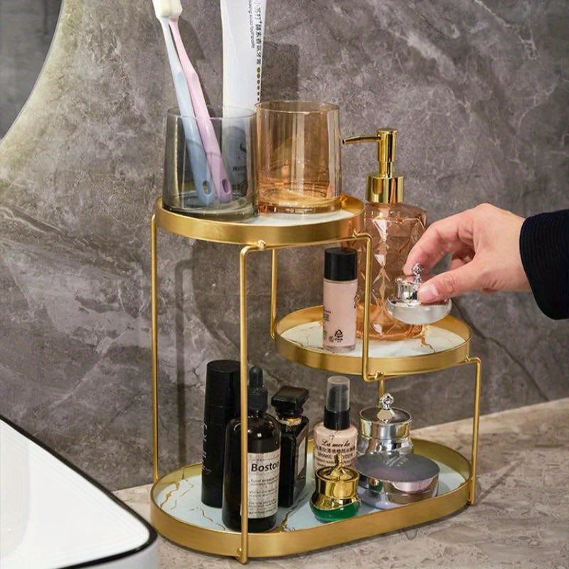 1pc Elegant Bathroom Organizer - Metallic, No-Install, Polished, Fragrance-Free, and Lightweight Vanity Shelf with Multiple Compartments for Cosmetics, Perfumes, and Toiletries, Bathroom Organizers And Storage, Shelves