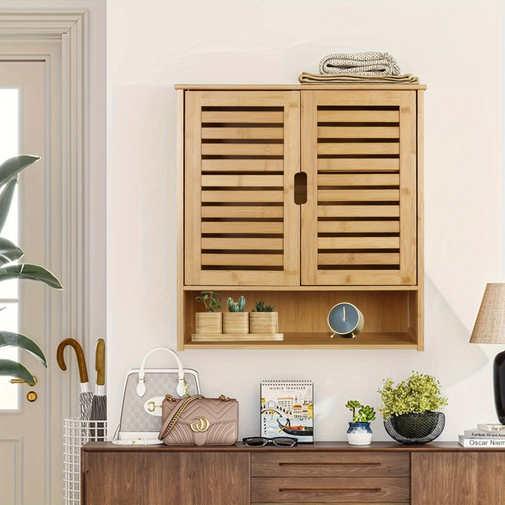 Wall Cabinet Storage: Multifunctional Bamboo Wood Bathroom Kitchen Wall Cabinet with 3 Shelves Medicine Storage Organizer