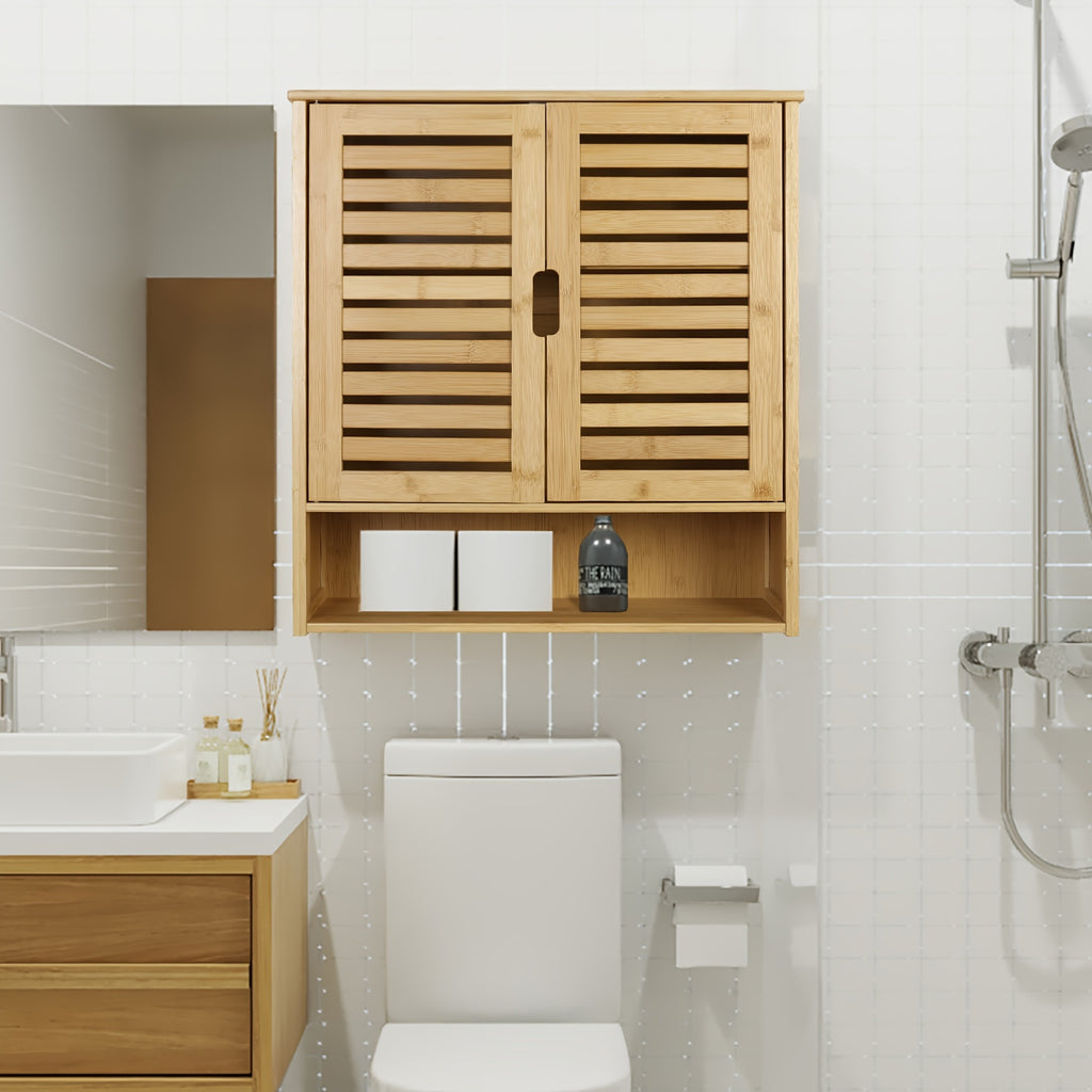 Wall Cabinet Storage: Multifunctional Bamboo Wood Bathroom Kitchen Wall Cabinet with 3 Shelves Medicine Storage Organizer