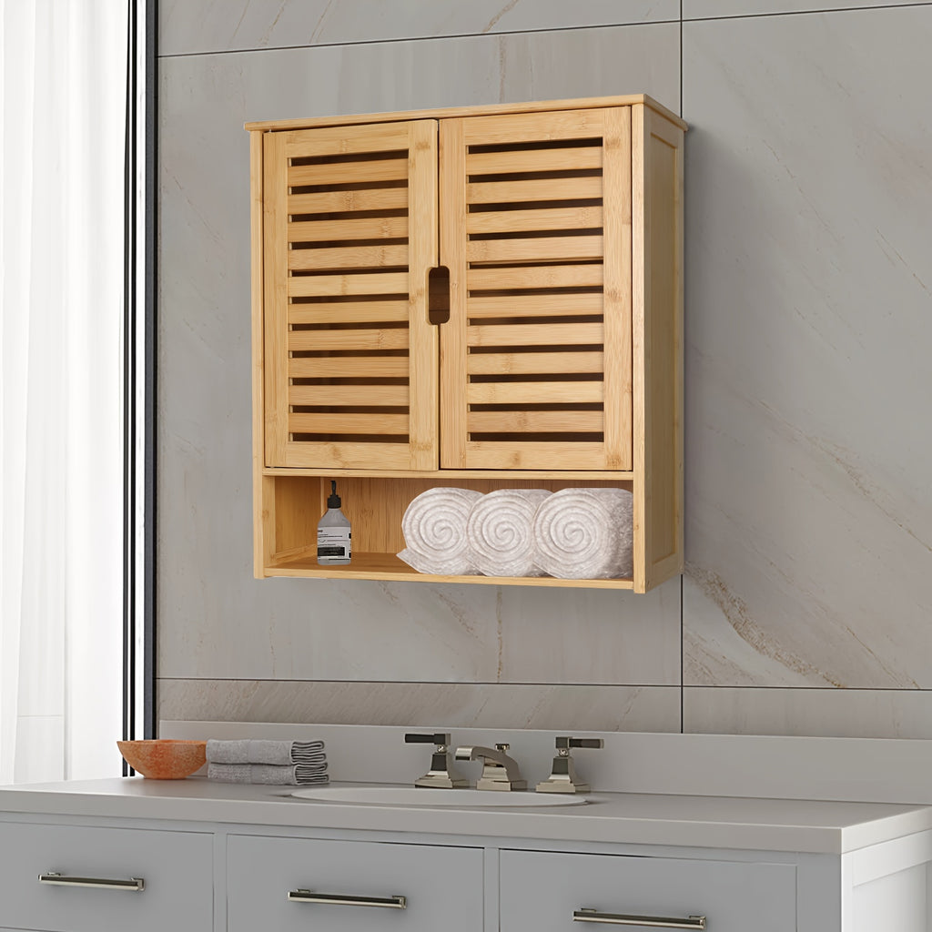 Wall Cabinet Storage: Multifunctional Bamboo Wood Bathroom Kitchen Wall Cabinet with 3 Shelves Medicine Storage Organizer