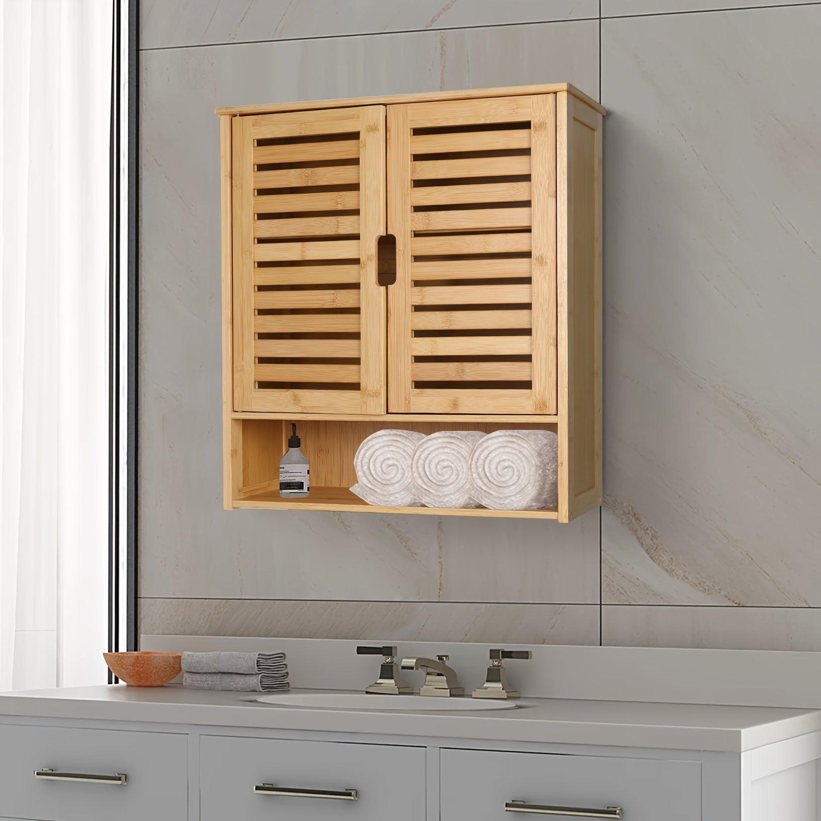 Wall Cabinet Storage: Multifunctional Bamboo Wood Bathroom Kitchen Wall Cabinet with 3 Shelves Medicine Storage Organizer