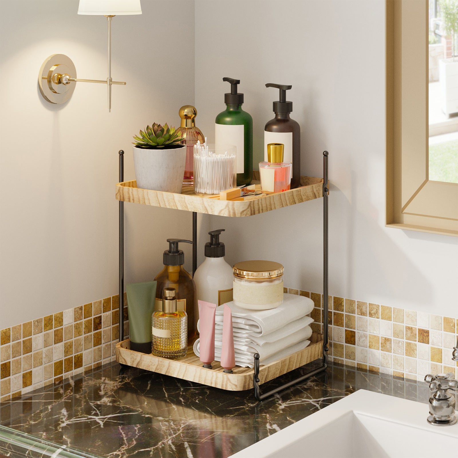 WHONLINE Bathroom Organizer Countertop, Counter Organizer for Bathroom Decor, Wooden Sink Shelf for Vanity Storage, Makeup Tray for Perfume Skincare Bedroom Kitchen Corner (2 Tier, 3 Tier)