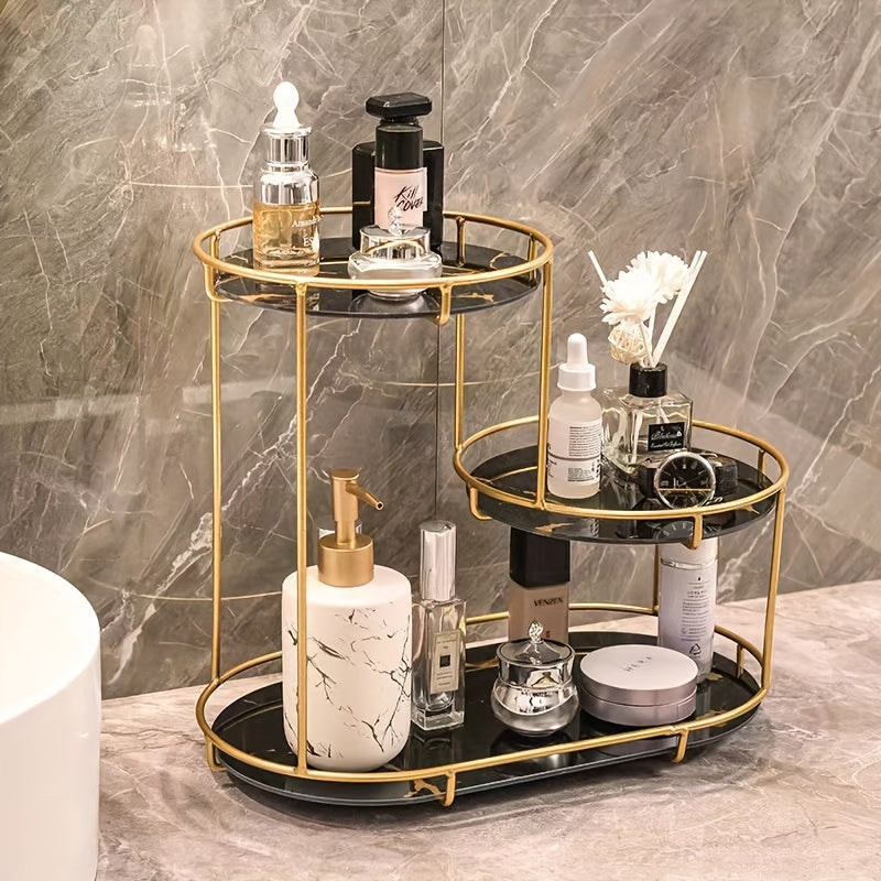 1pc Elegant Bathroom Organizer - Metallic, No-Install, Polished, Fragrance-Free, and Lightweight Vanity Shelf with Multiple Compartments for Cosmetics, Perfumes, and Toiletries, Bathroom Organizers And Storage, Shelves