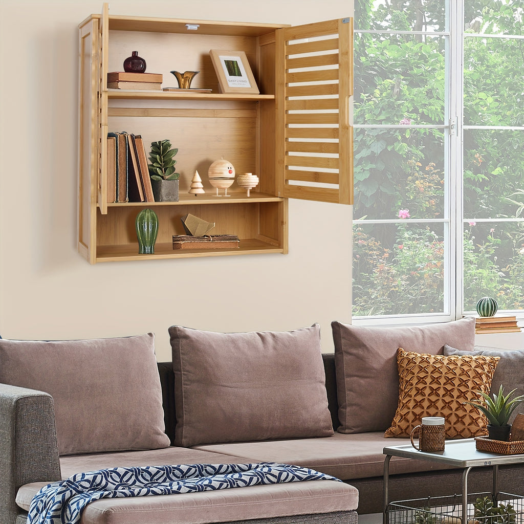 Wall Cabinet Storage: Multifunctional Bamboo Wood Bathroom Kitchen Wall Cabinet with 3 Shelves Medicine Storage Organizer