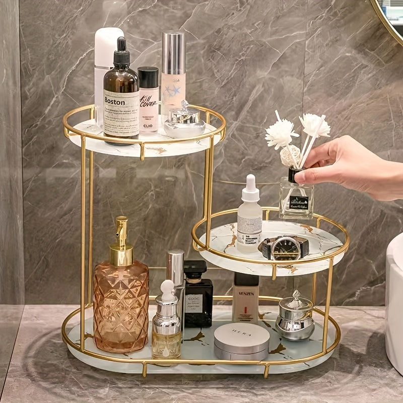 1pc Elegant Bathroom Organizer - Metallic, No-Install, Polished, Fragrance-Free, and Lightweight Vanity Shelf with Multiple Compartments for Cosmetics, Perfumes, and Toiletries, Bathroom Organizers And Storage, Shelves
