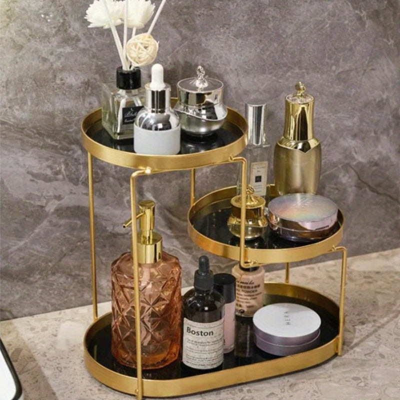 1pc Elegant Bathroom Organizer - Metallic, No-Install, Polished, Fragrance-Free, and Lightweight Vanity Shelf with Multiple Compartments for Cosmetics, Perfumes, and Toiletries, Bathroom Organizers And Storage, Shelves