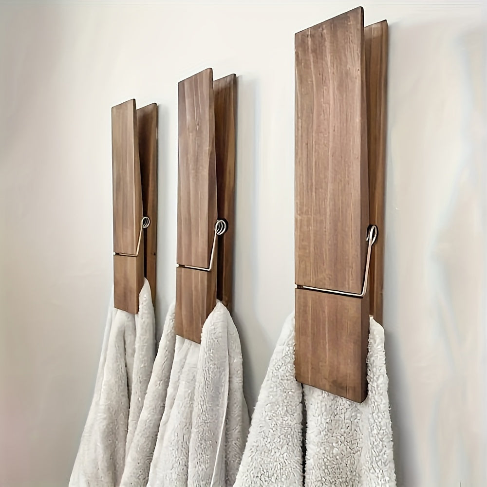 Set Of 3, Rustic Wooden Hooked Towel Rack - Wall Mounted, Large Capacity, Rust Resistant Bathroom Organizer - Hooks
