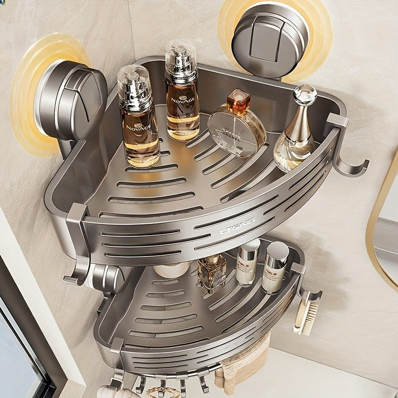 2Pack Gray Corner Shower Organizer - Suction Cup & No Drilling, Adhesive Storage Solution with Towel Rack