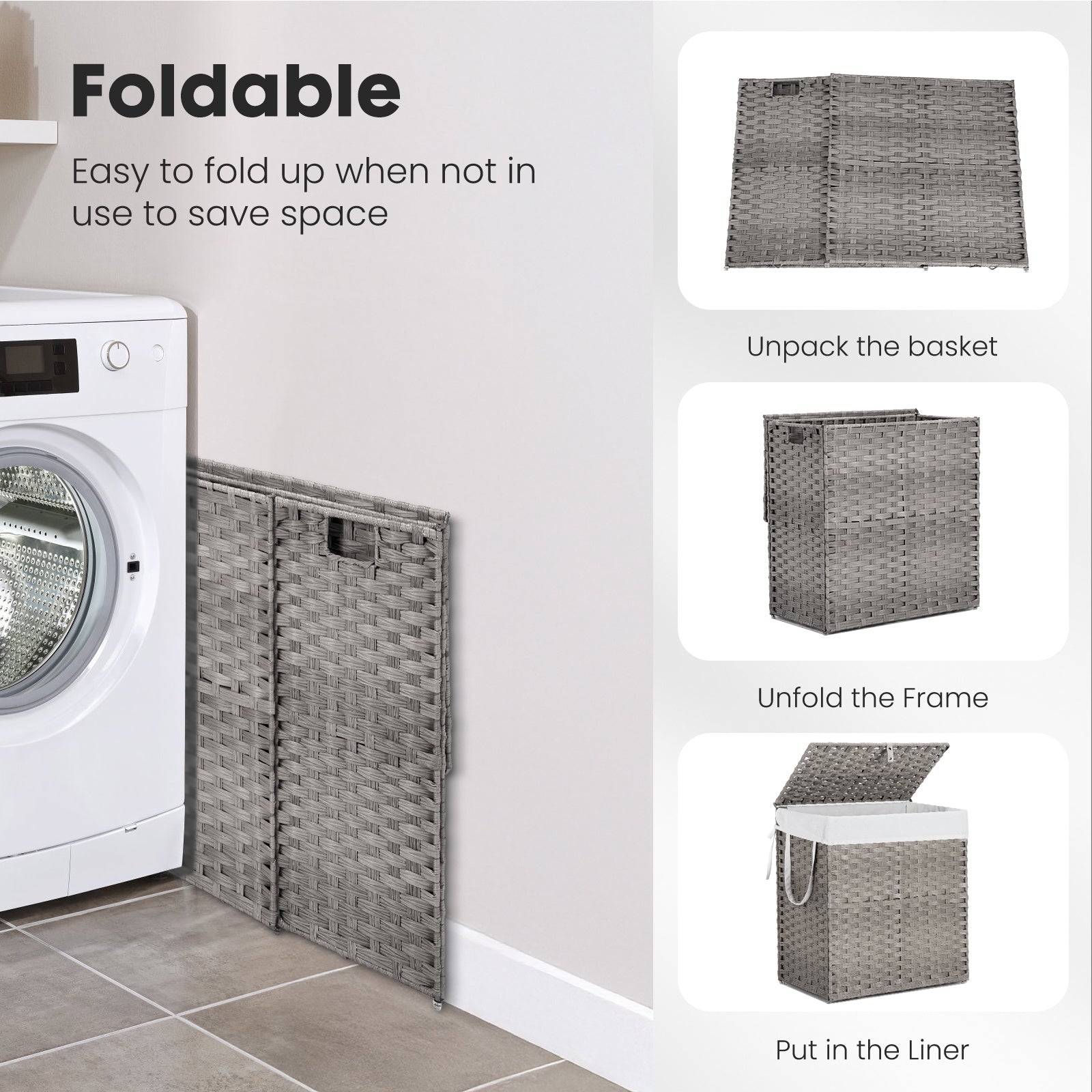 MCQ Sturdy & Stylish Laundry Hamper – Large Capacity Collapsible Rattan Storage Box with Lid Handles and Removable Liner, Sturdy Portable Woven BasketFoldable, Breathable for Home & Dorm