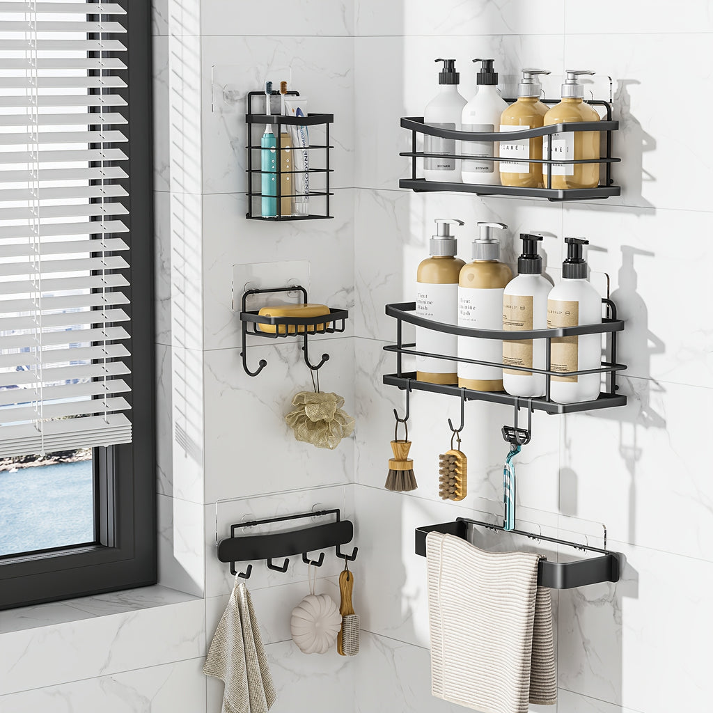 5\u002F6pcs Multifunctional Stainless Steel Punch-Free Bathroom Shelf, Soap Toothbrush Bathroom Supplies Storage Rack, Bathroom Towel Rack, Wall-Mounted Kitchen Seasoning Rack, with Four Hook Design, Bathroom Additions, Shower Storage Additions