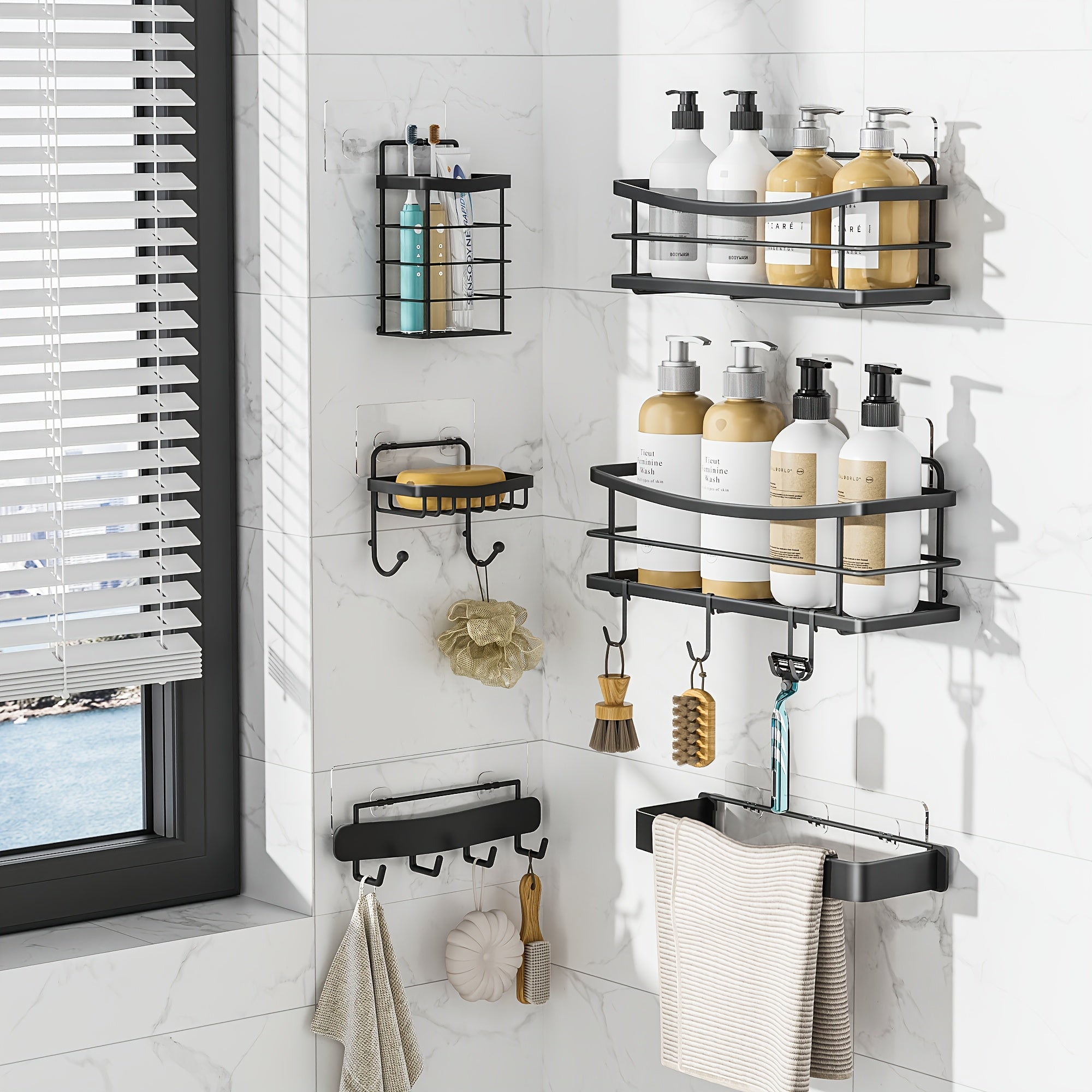 5\u002F6pcs Multifunctional Stainless Steel Punch-Free Bathroom Shelf, Soap Toothbrush Bathroom Supplies Storage Rack, Bathroom Towel Rack, Wall-Mounted Kitchen Seasoning Rack, with Four Hook Design, Bathroom Additions, Shower Storage Additions