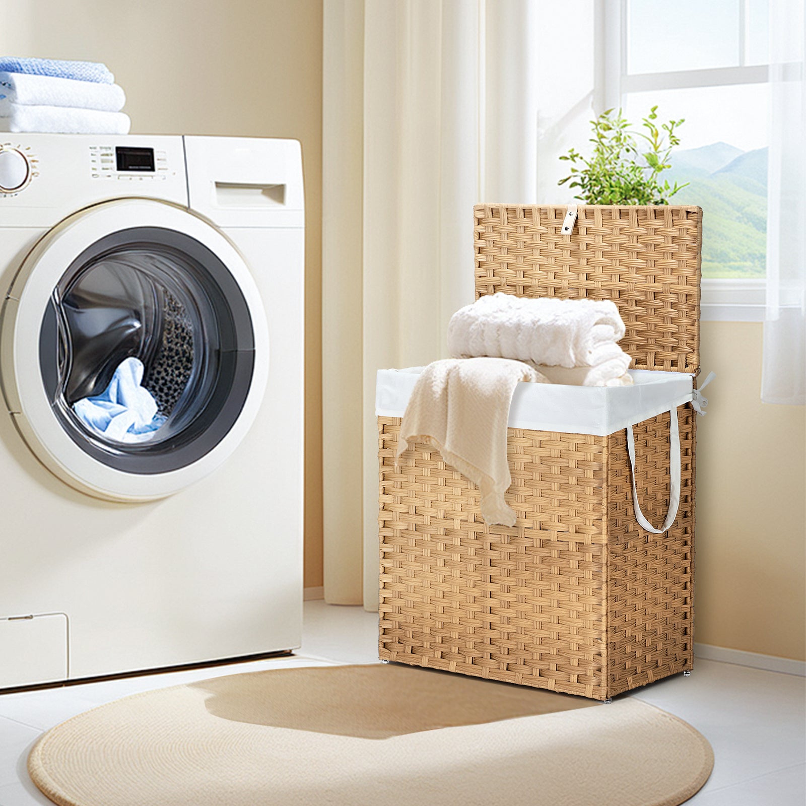 MCQ Sturdy & Stylish Laundry Hamper – Large Capacity Collapsible Rattan Storage Box with Lid Handles and Removable Liner, Sturdy Portable Woven BasketFoldable, Breathable for Home & Dorm