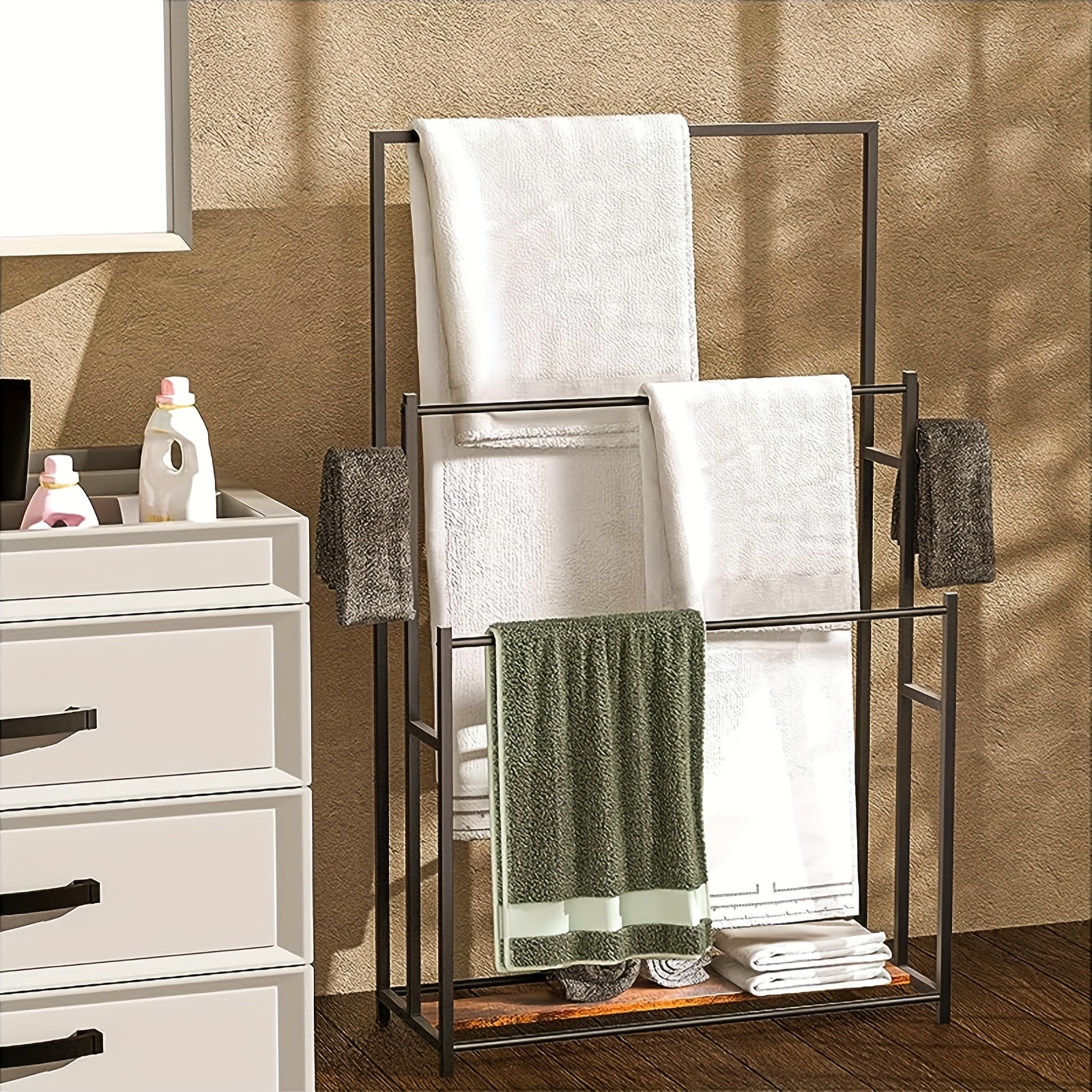 47.2 Inch Tall Free Standing Towel Racks 3 Tier Pool Towel Rack Outdoor Oversized Floor Bath Towel Drying Valet Holder Blanket Quilt Rack Stand For Bathroom Bedroom Beach Hot Tub Gym Pool Area Outside 2pcs