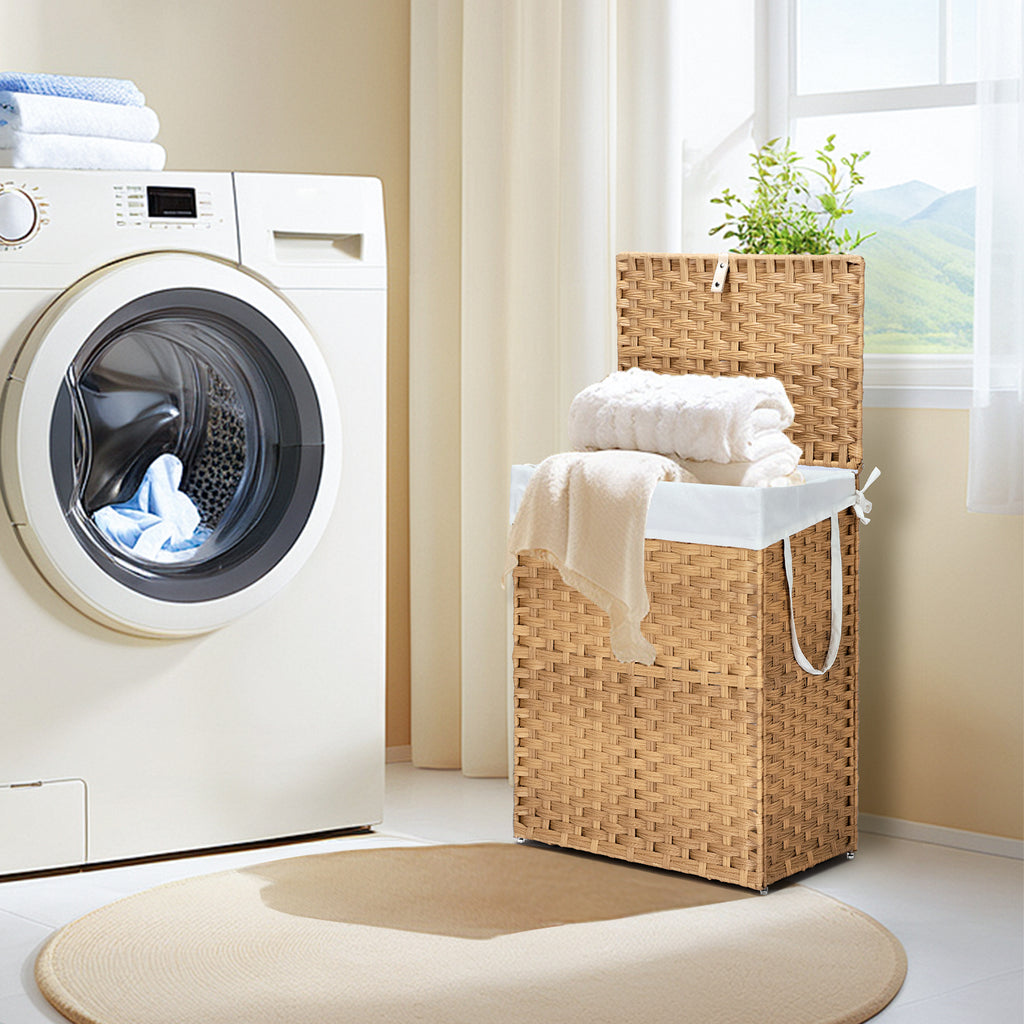 MCQ Sturdy & Stylish Laundry Hamper – Large Capacity Collapsible Rattan Storage Box with Lid Handles and Removable Liner, Sturdy Portable Woven BasketFoldable, Breathable for Home & Dorm