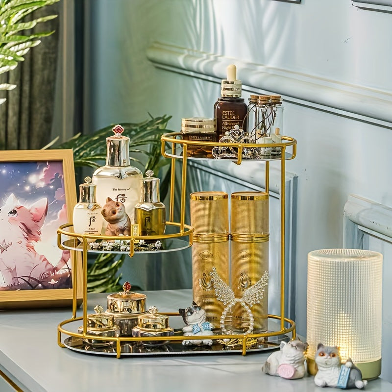 1pc Elegant Bathroom Organizer - Metallic, No-Install, Polished, Fragrance-Free, and Lightweight Vanity Shelf with Multiple Compartments for Cosmetics, Perfumes, and Toiletries, Bathroom Organizers And Storage, Shelves