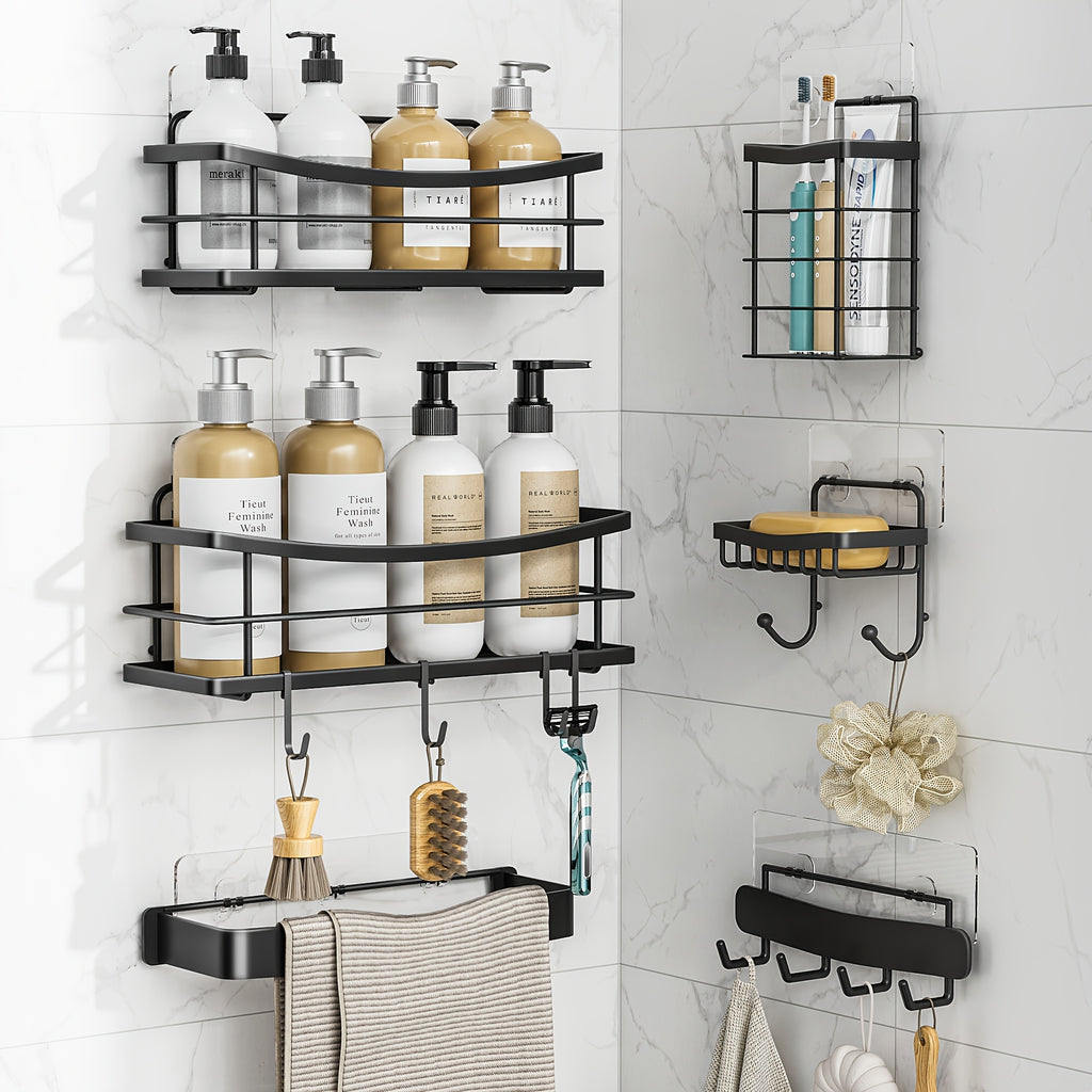 5\u002F6pcs Multifunctional Stainless Steel Punch-Free Bathroom Shelf, Soap Toothbrush Bathroom Supplies Storage Rack, Bathroom Towel Rack, Wall-Mounted Kitchen Seasoning Rack, with Four Hook Design, Bathroom Additions, Shower Storage Additions