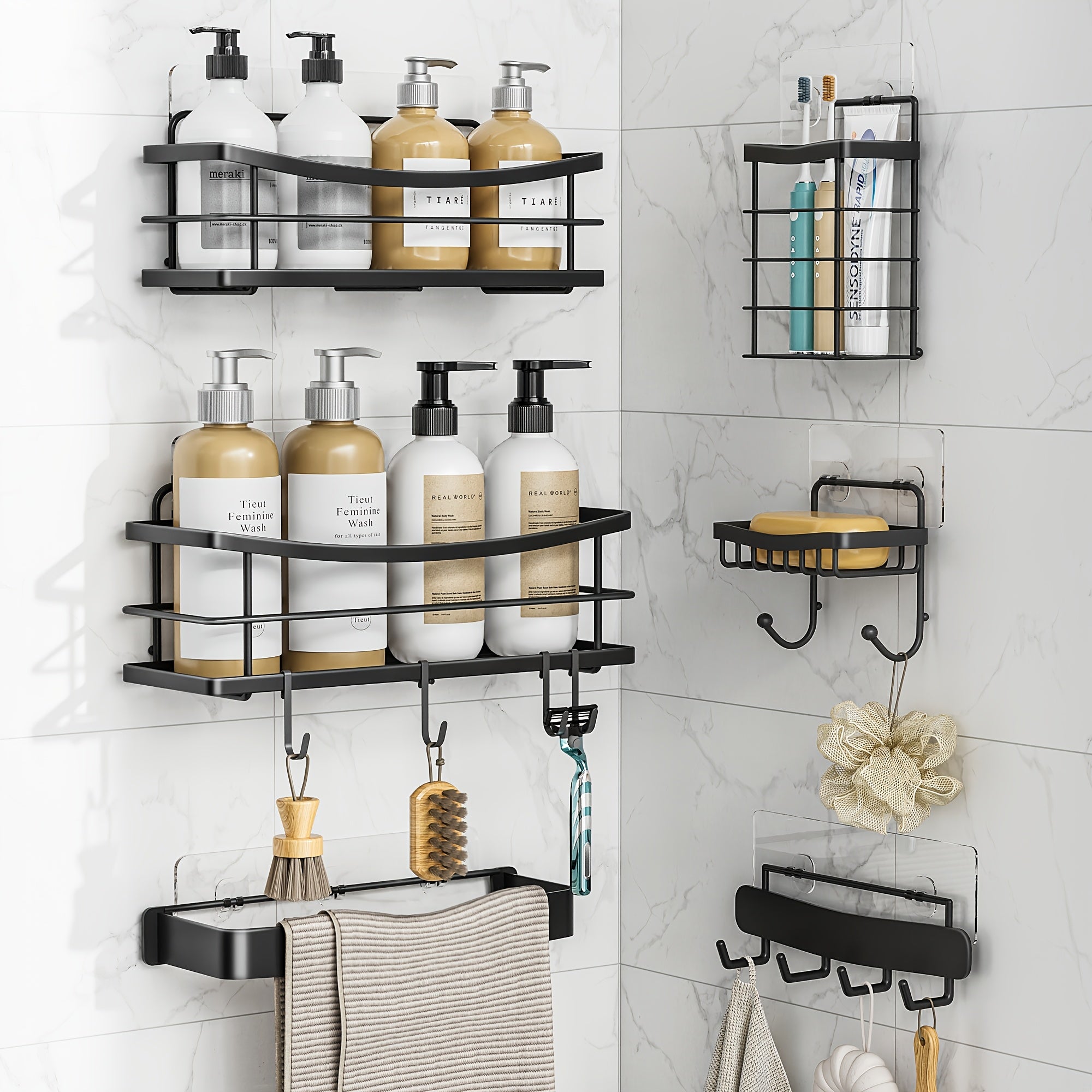 5\u002F6pcs Multifunctional Stainless Steel Punch-Free Bathroom Shelf, Soap Toothbrush Bathroom Supplies Storage Rack, Bathroom Towel Rack, Wall-Mounted Kitchen Seasoning Rack, with Four Hook Design, Bathroom Additions, Shower Storage Additions