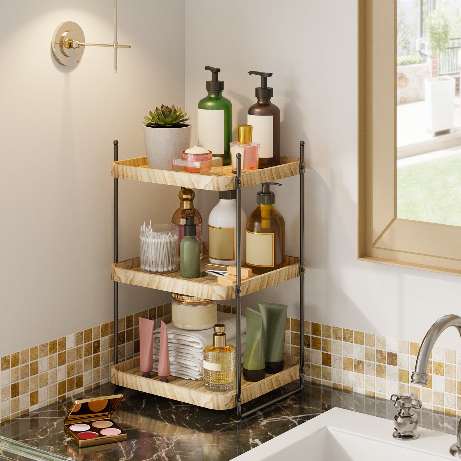 WHONLINE Bathroom Organizer Countertop, Counter Organizer for Bathroom Decor, Wooden Sink Shelf for Vanity Storage, Makeup Tray for Perfume Skincare Bedroom Kitchen Corner (2 Tier, 3 Tier)