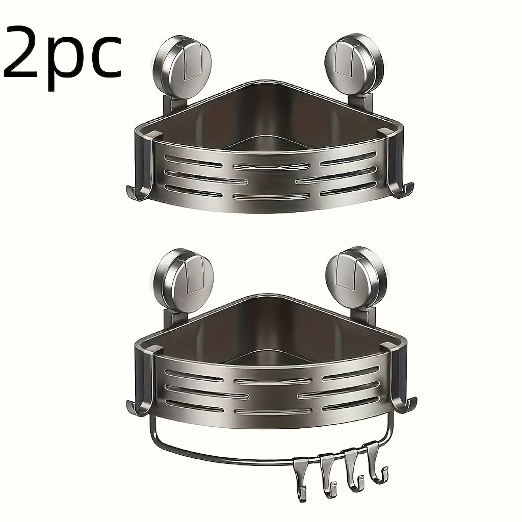 2Pack Gray Corner Shower Organizer - Suction Cup & No Drilling, Adhesive Storage Solution with Towel Rack