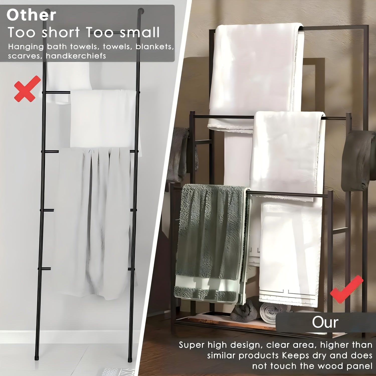 Freestanding Metal Bathtub Towel Rack With Hanging Rod, 3 Tier Towel Storage Rack For, Space Saving Bathroom Organizer, Portable Outdoor Pool Towel Rack, Casual Style, No Power Required, Ground Mounted, For Gym, Bathtub Storage, Blanket Rack